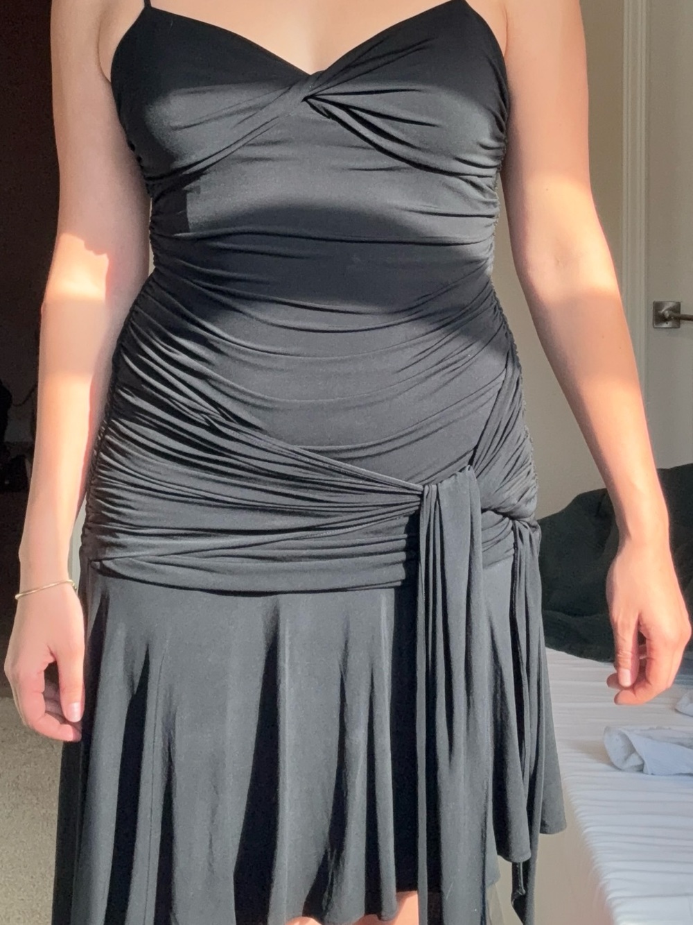 BCBGMaxAzria Black Ruched Tie-Waist Mini Dress